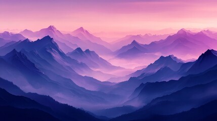 Fototapeta premium Misty Mountain Range at Twilight with Soft Pink and Purple Sunset Glow Over Peaks