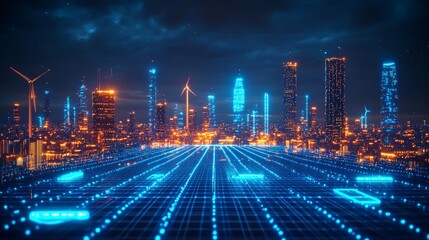 A vast field of solar panels and wind turbines generating clean energy, integrated into a futuristic city's smart grid, with glowing blue holographic technology, Sci-fi, Neon
