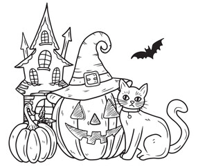 Beautiful vector hand drawn decoration for Halloween with haunted house, castle, carved pumpkin with face and witch hat and cat sitting. Sketch illustration in doodle engraved vintage line art style
