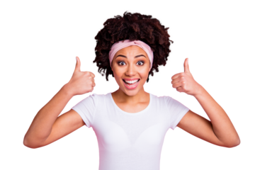 Close up photo beautiful amazing she her dark skin lady raised thumbs arms hands up advising buy buyer new tested product wear head scarf casual white t-shirt isolated pink bright vibrant background