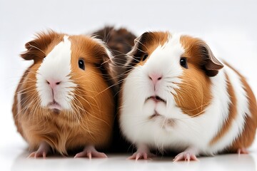 A pair of guinea pigs one brown and one white sitting close together on a white background, AI Generated