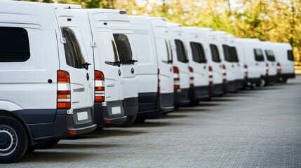 Naklejka premium Row of Identical White Delivery Vans Parked in a Lot, Logistics and Transportation Industry