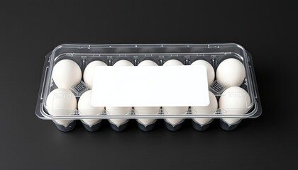 Blank transparent plastic egg tray with white label mockup stack. eggs in carton. eggs in a box