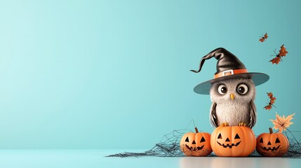 Fototapeta premium A whimsical owl wearing a witch hat stands beside carved pumpkins, creating a festive Halloween scene against a blue background.