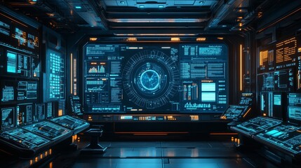 Obraz premium Digital control room with holographic interfaces displaying real-time data on regulatory compliance, corporate governance dashboards, high-tech, Futuristic, Neon blue light