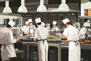 Busy kitchen scene with chefs preparing various dishes in a professional environment.