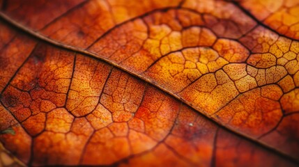Fototapeta premium Close-up of a textured autumn leaf, showing intricate details and rich colors.