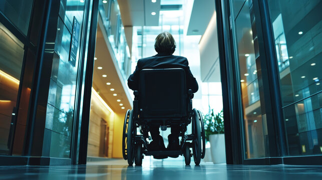A person in motorized wheelchair using an elevator in modern building, showcasing accessibility and independence. scene conveys sense of determination and progress