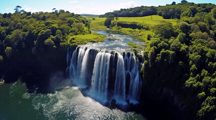 Naklejka premium beautiful waterfall cascading into a river surrounded by lush green trees and hills