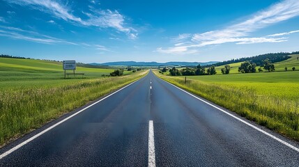 Fototapeta premium Bright sunny day, open road stretching to horizon, empty billboard on roadside, vibrant green fields, clear blue sky, rural landscape, straight highway, minimal clouds.