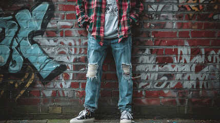 Grunge style outfit featuring flannel shirt, ripped jeans, and sneakers against graffiti wall. urban vibe captures nostalgic 90s aesthetic