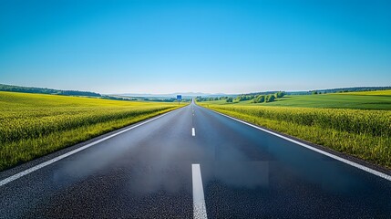 Fototapeta premium Bright sunny day, open road stretching to horizon, empty billboard on roadside, vibrant green fields, clear blue sky, rural landscape, straight highway, minimal clouds.