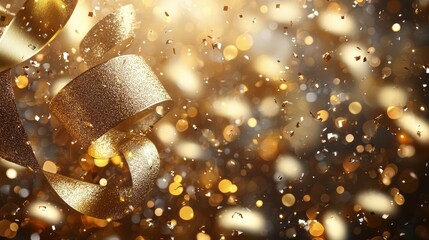 Golden confetti and streamers create a festive atmosphere during a celebration or New Year's party event at night
