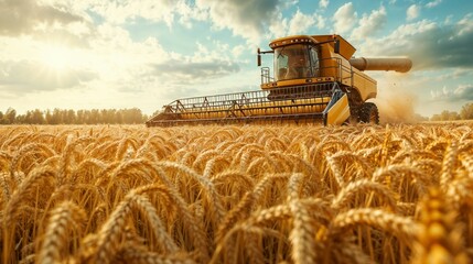 Fototapeta premium A combine harvester is efficiently working in a vast wheat field