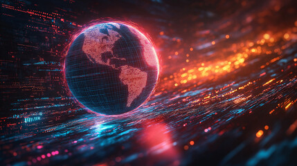 Obraz premium A glowing planet is floating in a space filled with colorful lights