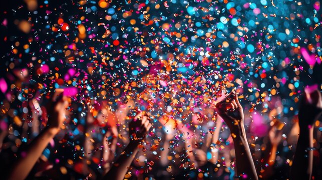 Celebration at a vibrant event with colorful confetti falling over an enthusiastic crowd during a festive night