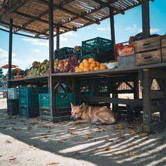 Stray Dog Resting in the Shade of a Market Stall