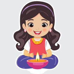 Sticker Style Indian Girl Character with Illuminated Oil Lamp (Diwali Diya) on Grey Background.