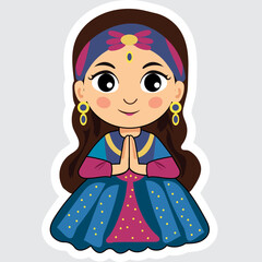 Fototapeta premium Sticker Style Indian Girl Doing Namaste or Greets to Diwali Festival on Grey Background.