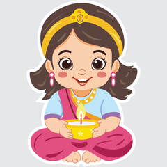Sticker Style Beautiful Indian Girl Character Celebrating Diwali with Illuminated Oil Lamp (Diya) on Grey Background.