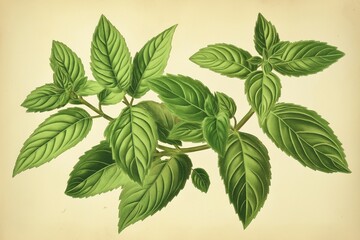 Vibrant botanical illustration of lush green basil leaves, depicting the plant's detailed texture and natural growth in a realistic style.