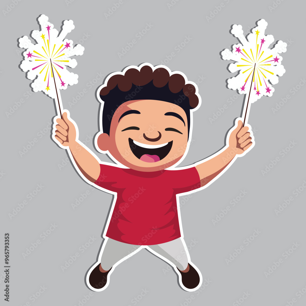 Wall mural Cheerful Indian Boy Character Celebrating Diwali with Sparkling Sticks in Sticker Style on Grey Background.