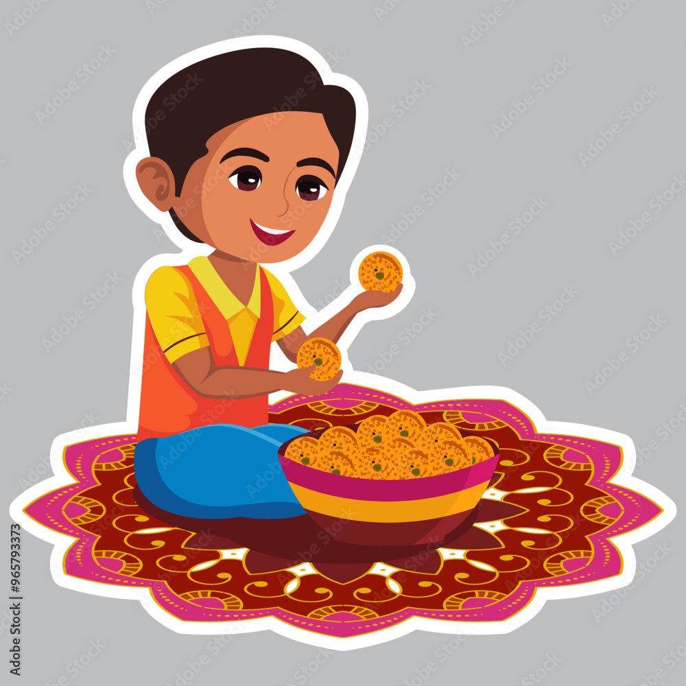 Wall mural Sticker Style Cute Indian Boy Eating Sweet Balls (Laddu) on Mandala or Rangoli for Happy Diwali Celebration.