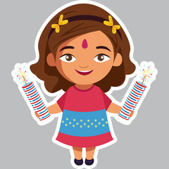 Sticker Style Cute Indian Girl Character Celebrating Diwali with Firecrackers on Grey Background.