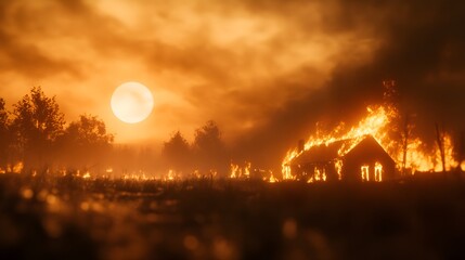 An inferno consuming a home under a smoky night sky, the moon barely visible through the haze, insurance-focused, dramatic lighting, realistic style