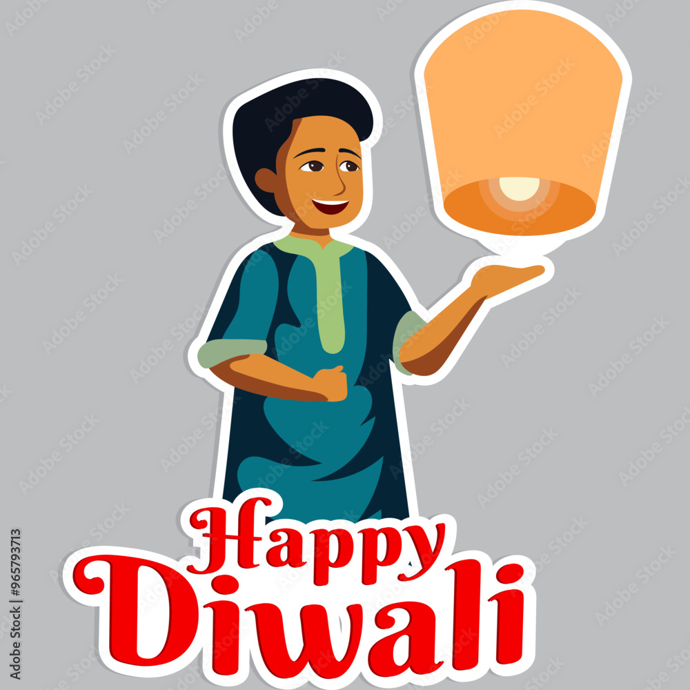 Wall mural Sticker Style Happy Diwali Text with Young Indian Boy Character Flying Lit Sky Lantern on Grey Background.