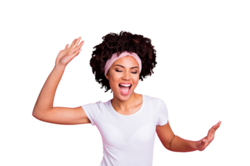 Close up photo beautiful funky amazing she her dark skin lady club person hang out having fun dancing queen hip-hop modern moves wear head scarf casual white t-shirt isolated pink bright background