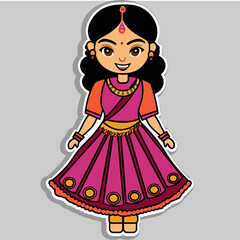 Fototapeta premium Sticker Style Beautiful Indian Girl Character in Traditional Dress on Grey Background.