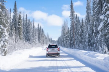 Snow forrest car adventure outdoors.