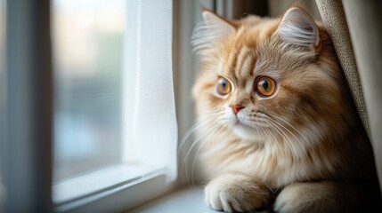A fluffy orange cat gazes out the window, contemplating the world outside.