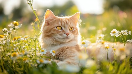 A fluffy orange cat lounging among flowers in a sunlit field.