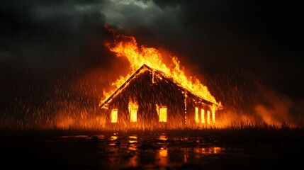 Dramatic scene of a burning house in a heavy rainstorm, rainwater mixed with flames, sparks flying, cinematic lighting, dark night sky, photorealistic, insurance scenario