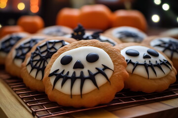 Colorful trick or treat cookies for Halloween, pumpkin, spider, bat