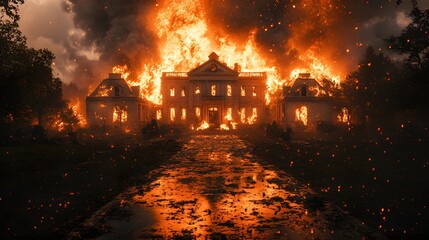 Fiery disaster consuming a stately mansion, bright flames contrasting against the dark night, ash raining down, intense heat waves visible