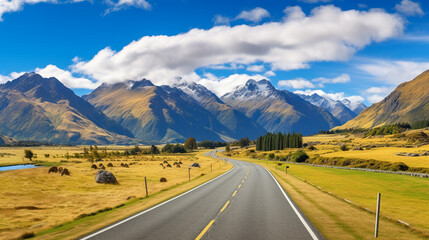 Naklejka premium road winding through a valley with mountains