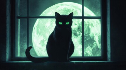 Black Cat Silhouetted Against Full Moon - Halloween Mystical Image