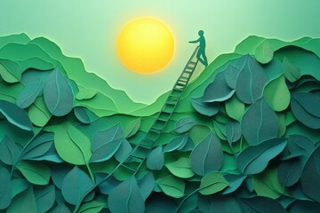 Eco-Friendly Career Growth: Paper Cut Person Climbing Leaf Ladder to Rising Sun