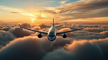 Witness a stunning sunset as an airplane soars above the clouds during a serene evening flight in the sky