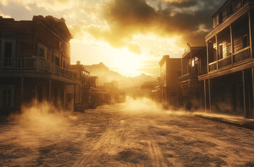 A quiet, empty street in an Old West town captured at sunset, with wooden buildings lining the dusty road under a dramatic sky.
