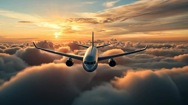 Witness a stunning sunset as an airplane soars above the clouds during a serene evening flight in the sky