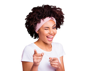 Close up photo beautiful amazing funny she her dark skin winking eyes positive friendly indicating...