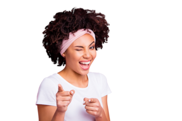 Close up photo beautiful amazing funny she her dark skin winking eyes positive friendly indicating fingers your turn its you symbol wear head scarf casual white t-shirt isolated pink bright background
