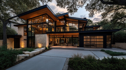 Fototapeta premium Modern two-story house with extensive use of glass and natural stone materials, featuring a flat roof, large windows, and a spacious driveway with surrounding greenery.