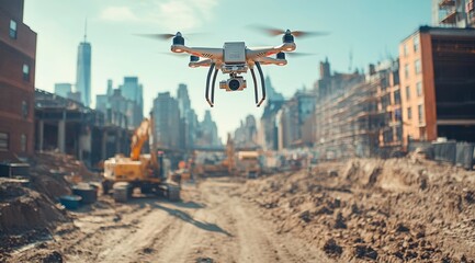Drone with an industrial camera is flying over the construction site.