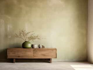 Wabi sabi japanese style rustic interior in with wood, pottery and texture elements in neutral and sage tones