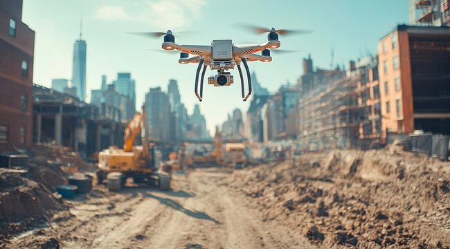 Drone with an industrial camera is flying over the construction site.